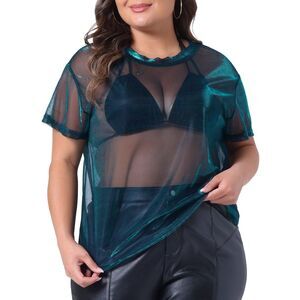 Plus Size T-shirt Sheer Mesh Holographic Drop Shoulder Top Cyan